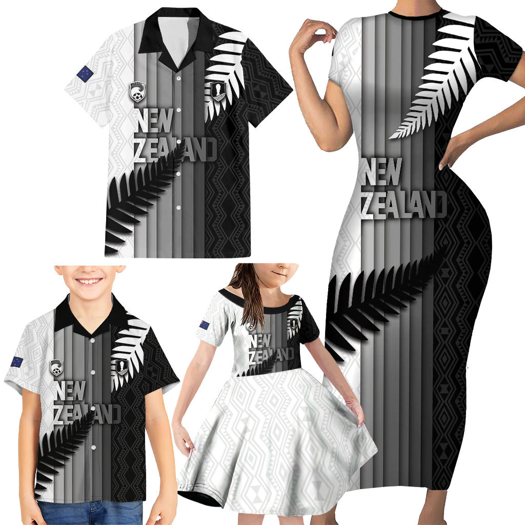 Custom New Zealand Football Family Matching Short Sleeve Bodycon Dress and Hawaiian Shirt Silver Fern Maori Pattern Monochrome
