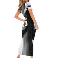Custom New Zealand Football Family Matching Short Sleeve Bodycon Dress and Hawaiian Shirt Silver Fern Maori Pattern Monochrome
