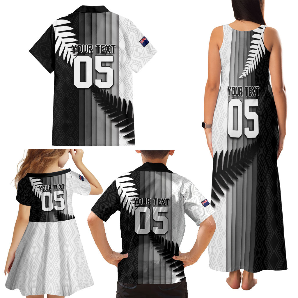 Custom New Zealand Football Family Matching Tank Maxi Dress and Hawaiian Shirt Silver Fern Maori Pattern Monochrome