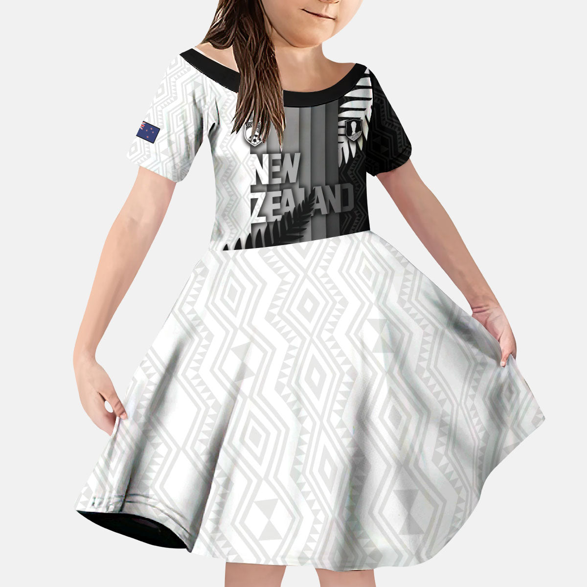 Custom New Zealand Football Kid Short Sleeve Dress Silver Fern Maori Pattern Monochrome DT05 KID White - Polynesian Pride
