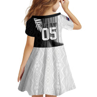 Custom New Zealand Football Kid Short Sleeve Dress Silver Fern Maori Pattern Monochrome DT05 - Polynesian Pride