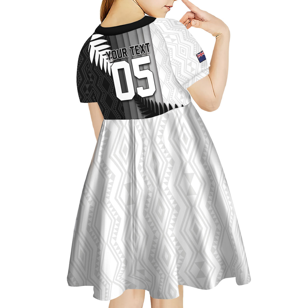 Custom New Zealand Football Kid Short Sleeve Dress Silver Fern Maori Pattern Monochrome DT05 - Polynesian Pride