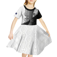 Custom New Zealand Football Kid Short Sleeve Dress Silver Fern Maori Pattern Monochrome DT05 - Polynesian Pride