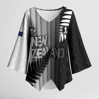 Custom New Zealand Football Kimono Sleeve Blouse Silver Fern Maori Pattern Monochrome