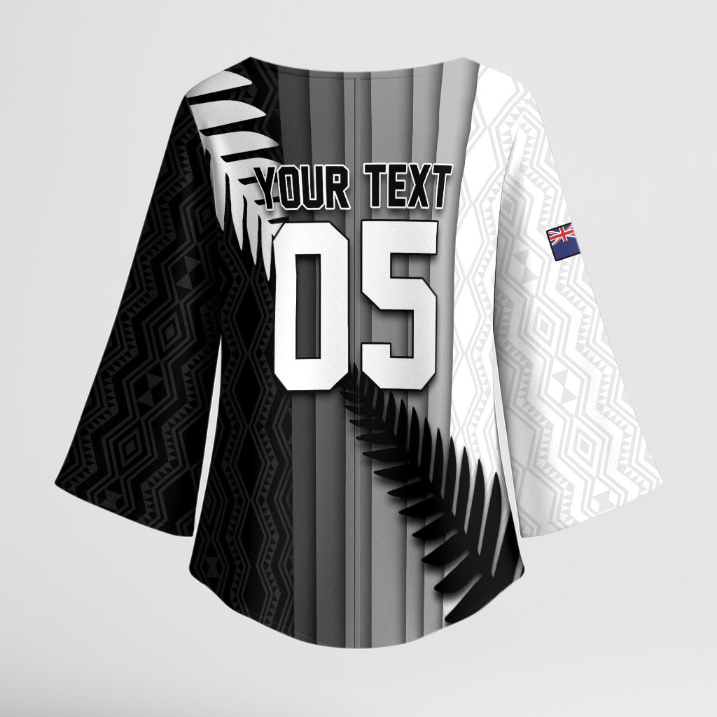 Custom New Zealand Football Kimono Sleeve Blouse Silver Fern Maori Pattern Monochrome