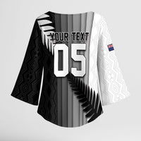 Custom New Zealand Football Kimono Sleeve Blouse Silver Fern Maori Pattern Monochrome