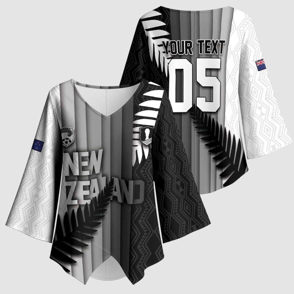 Custom New Zealand Football Kimono Sleeve Blouse Silver Fern Maori Pattern Monochrome