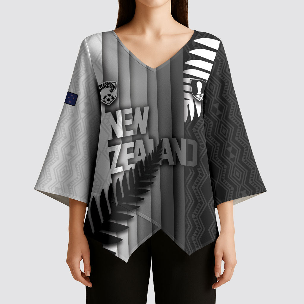 Custom New Zealand Football Kimono Sleeve Blouse Silver Fern Maori Pattern Monochrome