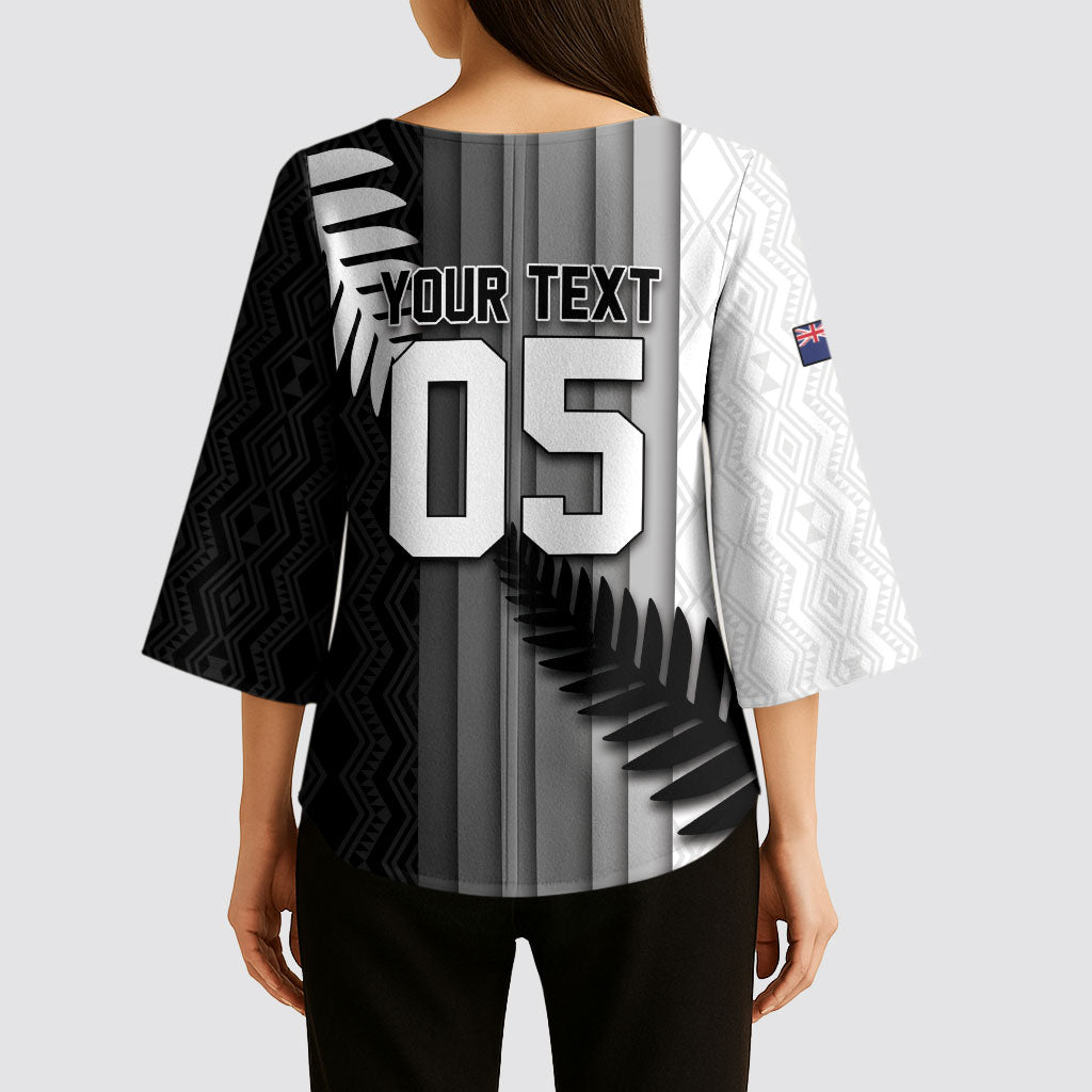 Custom New Zealand Football Kimono Sleeve Blouse Silver Fern Maori Pattern Monochrome