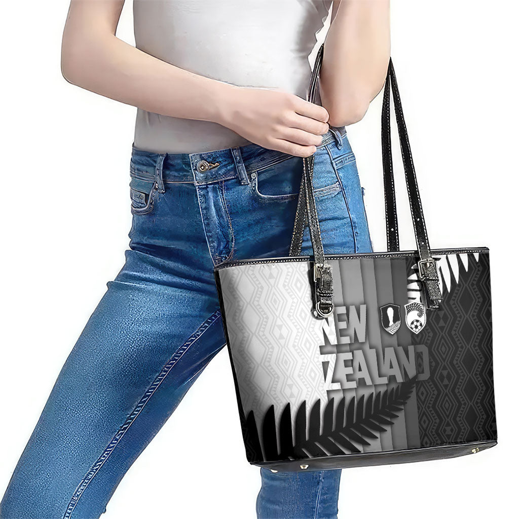 New Zealand Football Leather Tote Bag Silver Fern Maori Pattern Monochrome