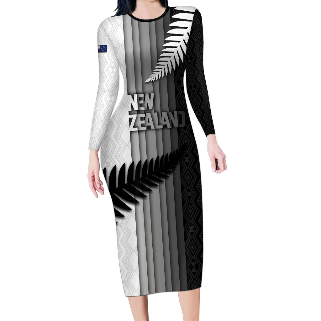 Custom New Zealand Football Long Sleeve Bodycon Dress Silver Fern Maori Pattern Monochrome