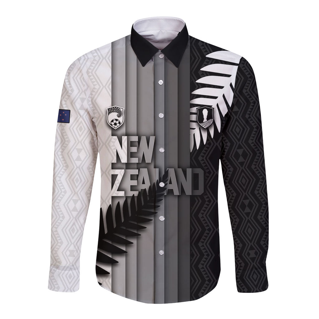 Custom New Zealand Football Long Sleeve Button Shirt Silver Fern Maori Pattern Monochrome