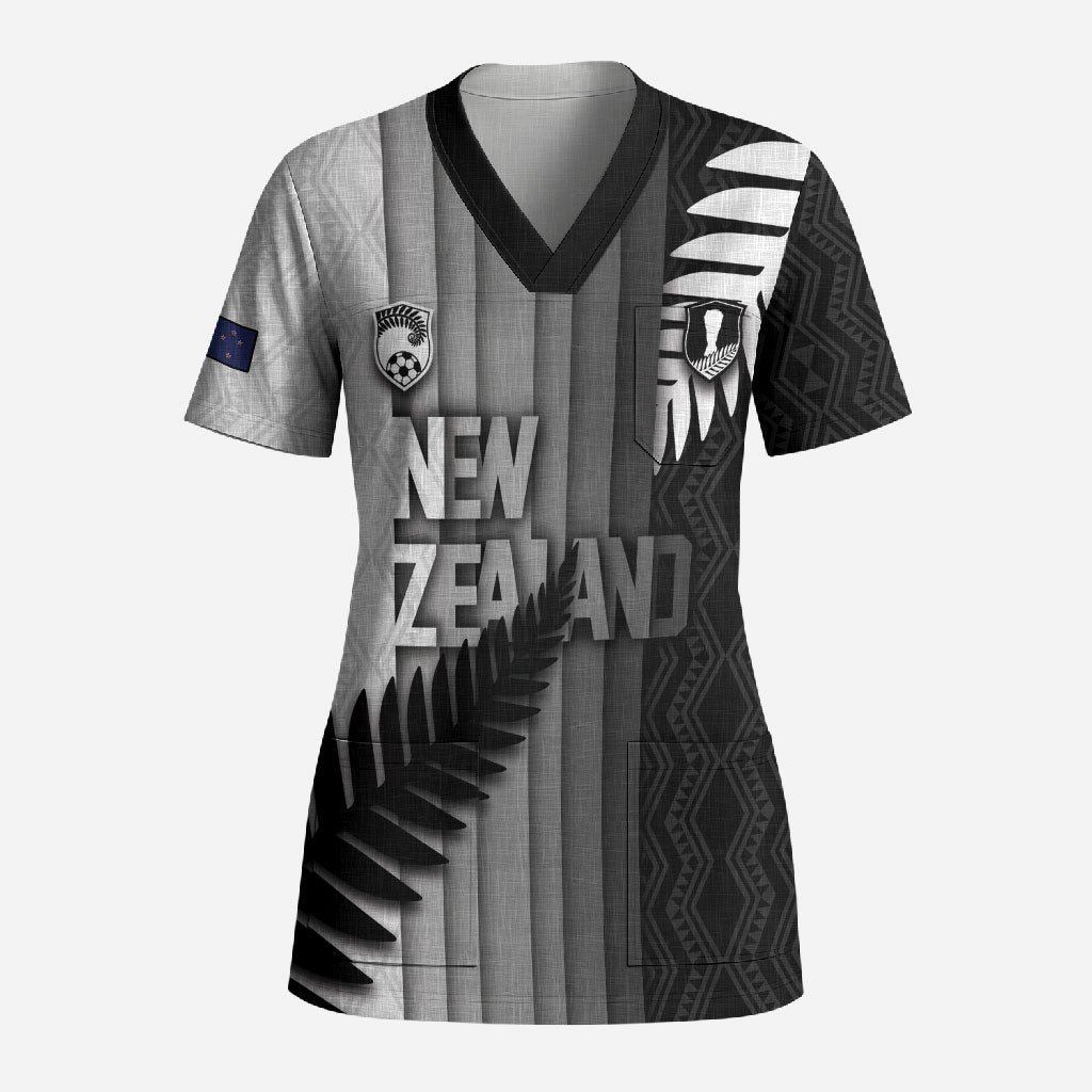Custom New Zealand Football Scrub Top Silver Fern Maori Pattern Monochrome