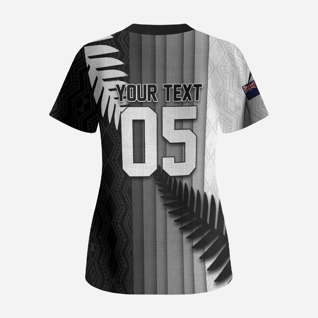 Custom New Zealand Football Scrub Top Silver Fern Maori Pattern Monochrome