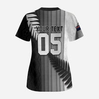 Custom New Zealand Football Scrub Top Silver Fern Maori Pattern Monochrome