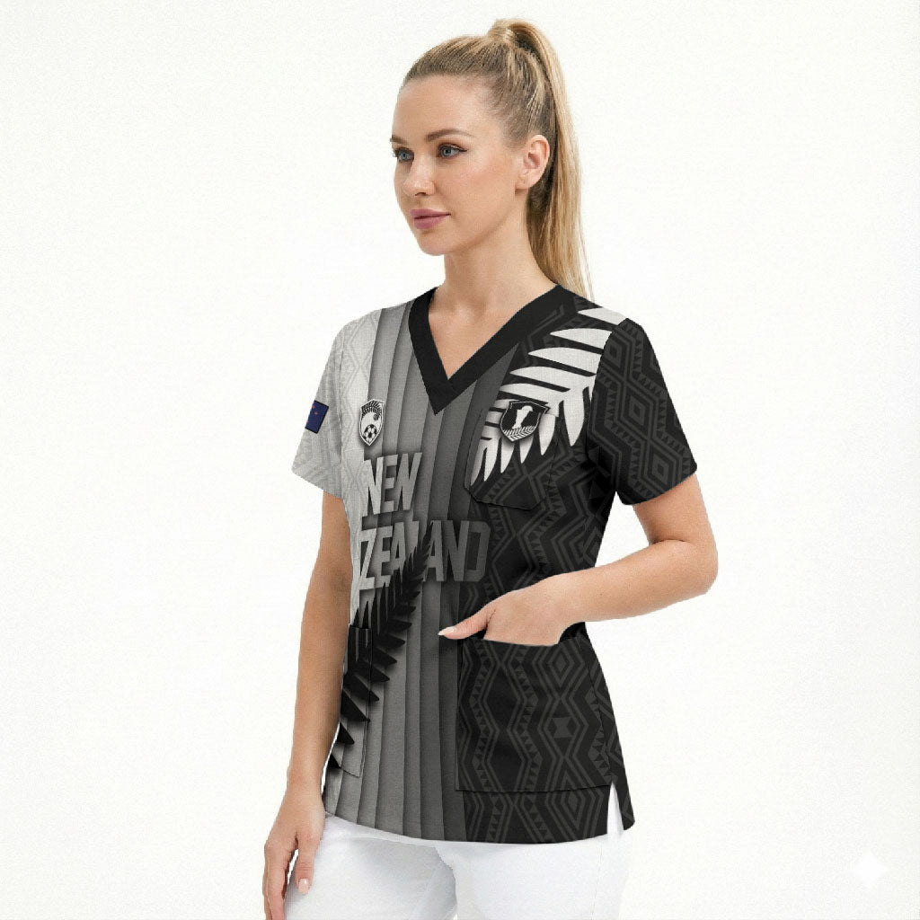 Custom New Zealand Football Scrub Top Silver Fern Maori Pattern Monochrome