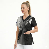 Custom New Zealand Football Scrub Top Silver Fern Maori Pattern Monochrome