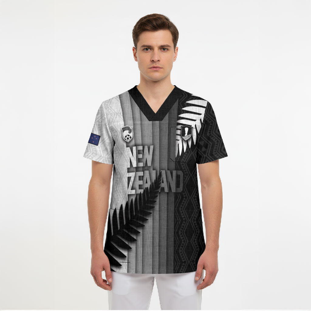 Custom New Zealand Football Scrub Top Silver Fern Maori Pattern Monochrome