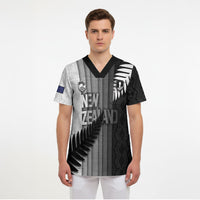 Custom New Zealand Football Scrub Top Silver Fern Maori Pattern Monochrome