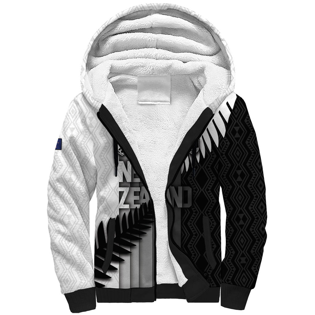 Custom New Zealand Football Sherpa Hoodie Silver Fern Maori Pattern Monochrome DT05 Unisex White - Polynesian Pride