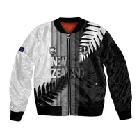 Custom New Zealand Football Sleeve Zip Bomber Jacket Silver Fern Maori Pattern Monochrome