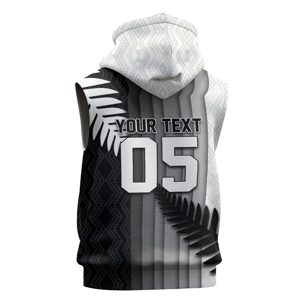 Custom New Zealand Football Sleeveless Hoodie Silver Fern Maori Pattern Monochrome DT05 - Polynesian Pride