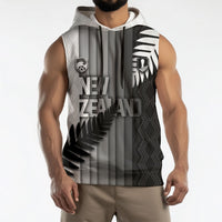 Custom New Zealand Football Sleeveless Hoodie Silver Fern Maori Pattern Monochrome DT05 - Polynesian Pride