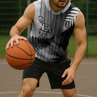 Custom New Zealand Football Sleeveless Hoodie Silver Fern Maori Pattern Monochrome DT05 - Polynesian Pride