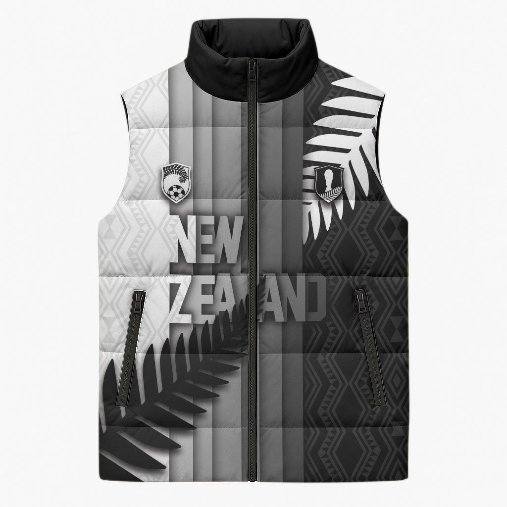 Custom New Zealand Football Sleeveless Puffer Jacket Silver Fern Maori Pattern Monochrome
