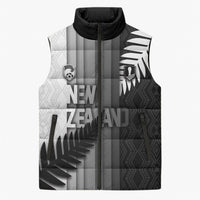 Custom New Zealand Football Sleeveless Puffer Jacket Silver Fern Maori Pattern Monochrome