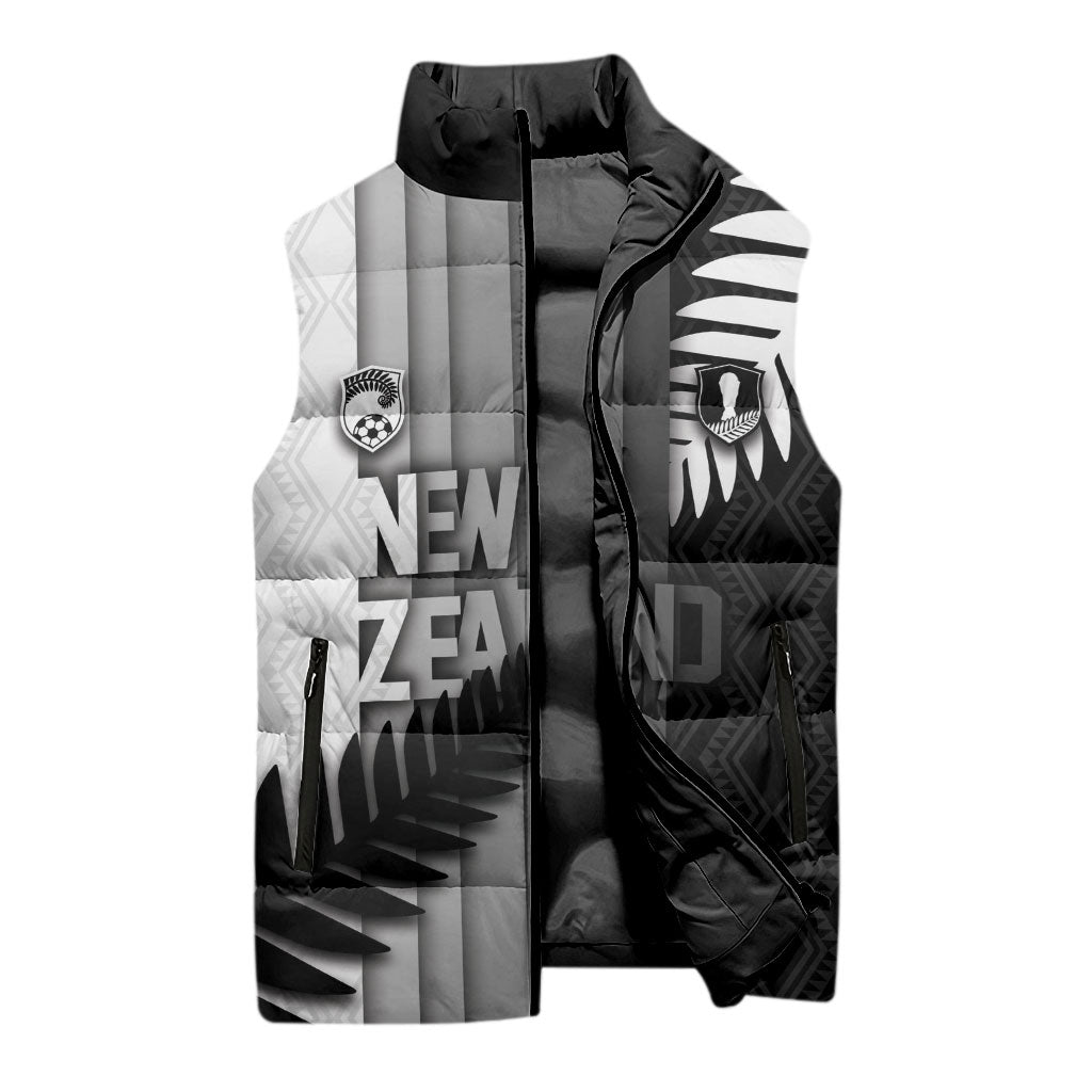 Custom New Zealand Football Sleeveless Puffer Jacket Silver Fern Maori Pattern Monochrome