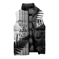 Custom New Zealand Football Sleeveless Puffer Jacket Silver Fern Maori Pattern Monochrome
