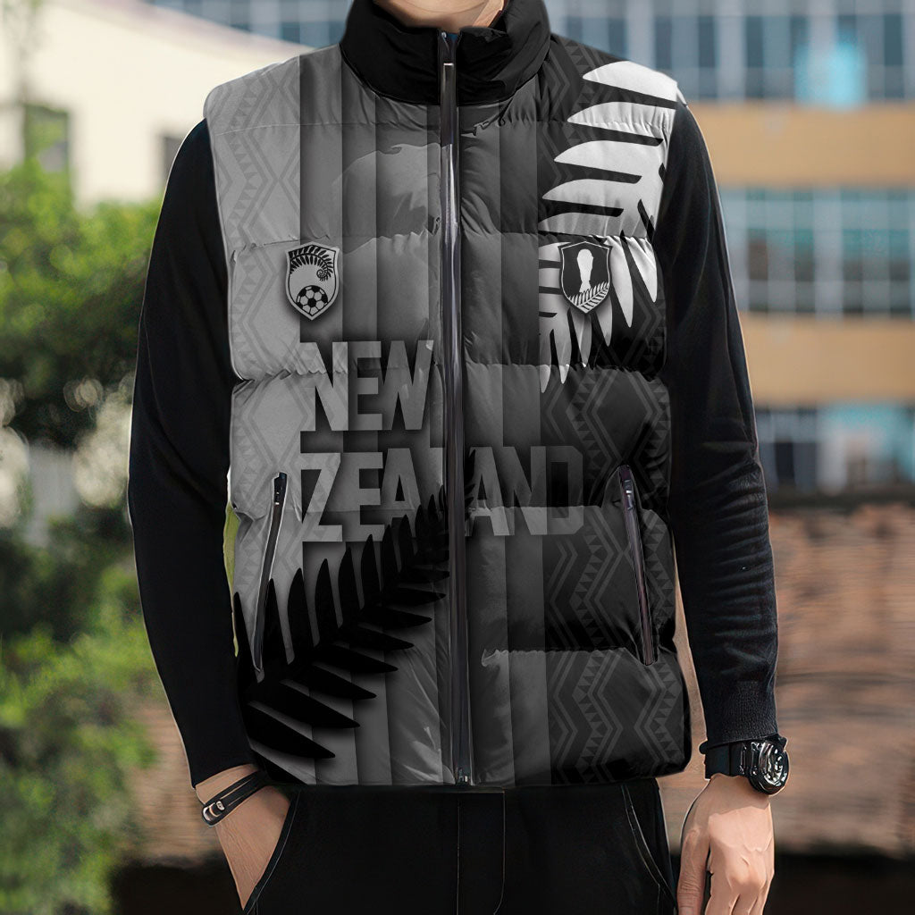 Custom New Zealand Football Sleeveless Puffer Jacket Silver Fern Maori Pattern Monochrome
