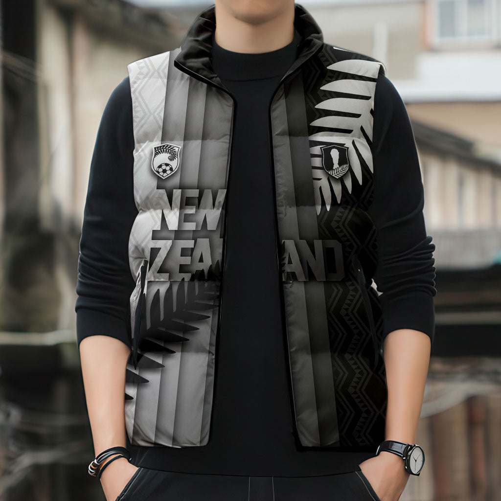 Custom New Zealand Football Sleeveless Puffer Jacket Silver Fern Maori Pattern Monochrome