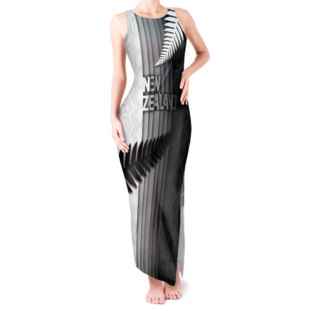 Custom New Zealand Football Tank Maxi Dress Silver Fern Maori Pattern Monochrome