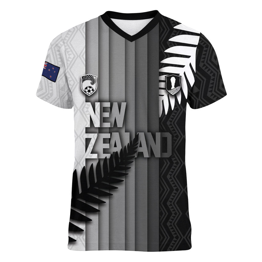 Custom New Zealand Football Women V-Neck T-Shirt Silver Fern Maori Pattern Monochrome