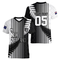 Custom New Zealand Football Women V-Neck T-Shirt Silver Fern Maori Pattern Monochrome