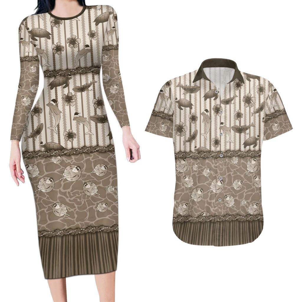Hawaii Christmas In July Couples Matching Long Sleeve Bodycon Dress and Hawaiian Shirt Beige Mele Kalikimaka Sea Animals