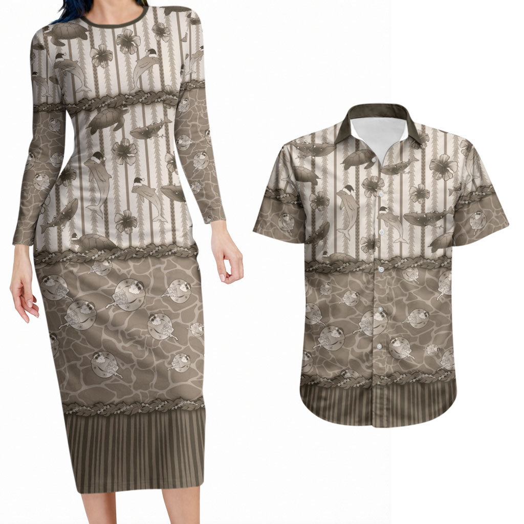 Hawaii Christmas In July Couples Matching Long Sleeve Bodycon Dress and Hawaiian Shirt Beige Mele Kalikimaka Sea Animals DT05 Beige - Polynesian Pride
