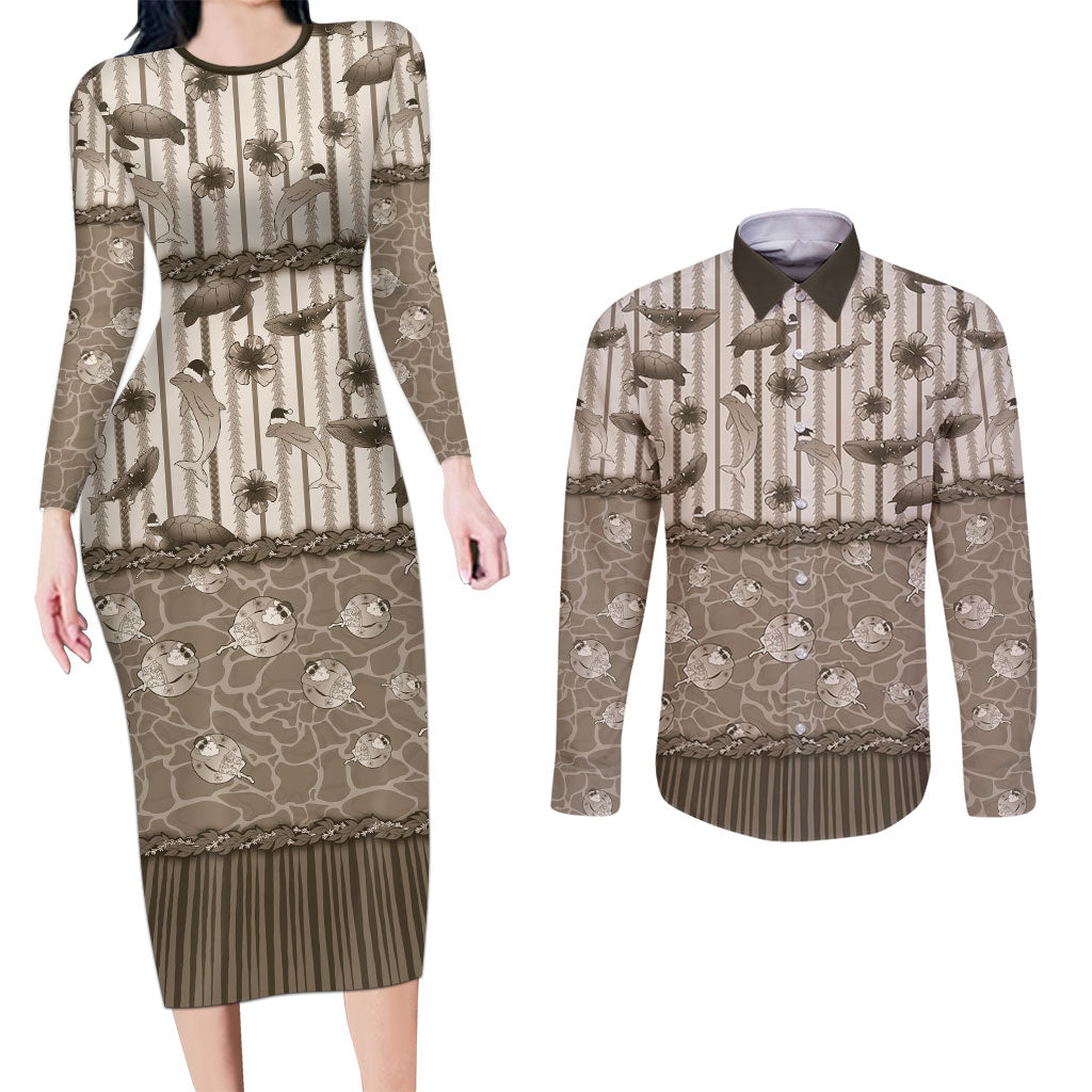 Hawaii Christmas In July Couples Matching Long Sleeve Bodycon Dress and Long Sleeve Button Shirt Beige Mele Kalikimaka Sea Animals