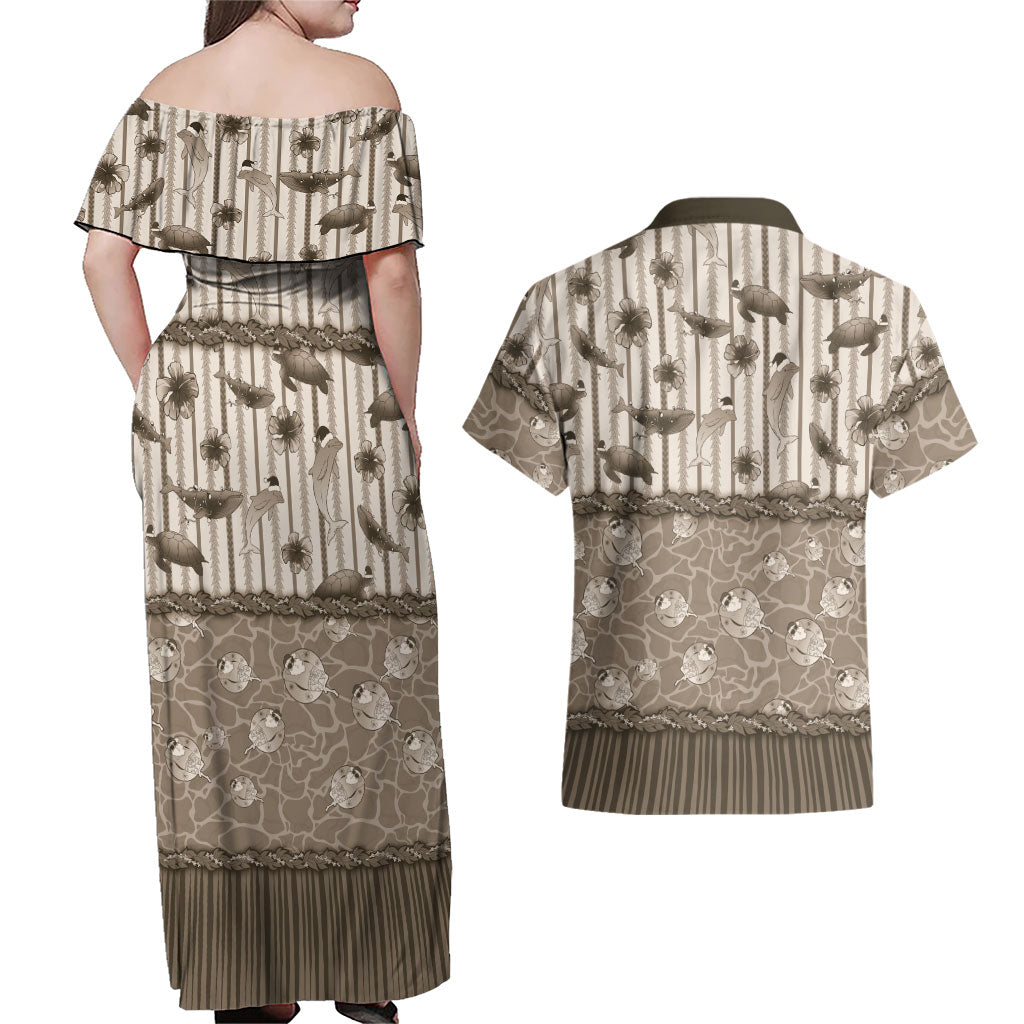 Hawaii Christmas In July Couples Matching Off Shoulder Maxi Dress and Hawaiian Shirt Beige Mele Kalikimaka Sea Animals
