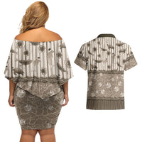 Hawaii Christmas In July Couples Matching Off Shoulder Short Dress and Hawaiian Shirt Beige Mele Kalikimaka Sea Animals