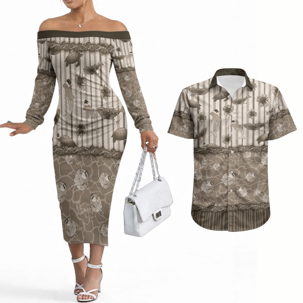 Hawaii Christmas In July Couples Matching Off The Shoulder Long Sleeve Dress and Hawaiian Shirt Beige Mele Kalikimaka Sea Animals DT05 Beige - Polynesian Pride