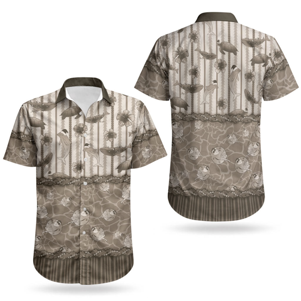 Hawaii Christmas In July Couples Matching Off The Shoulder Long Sleeve Dress and Hawaiian Shirt Beige Mele Kalikimaka Sea Animals DT05 - Polynesian Pride