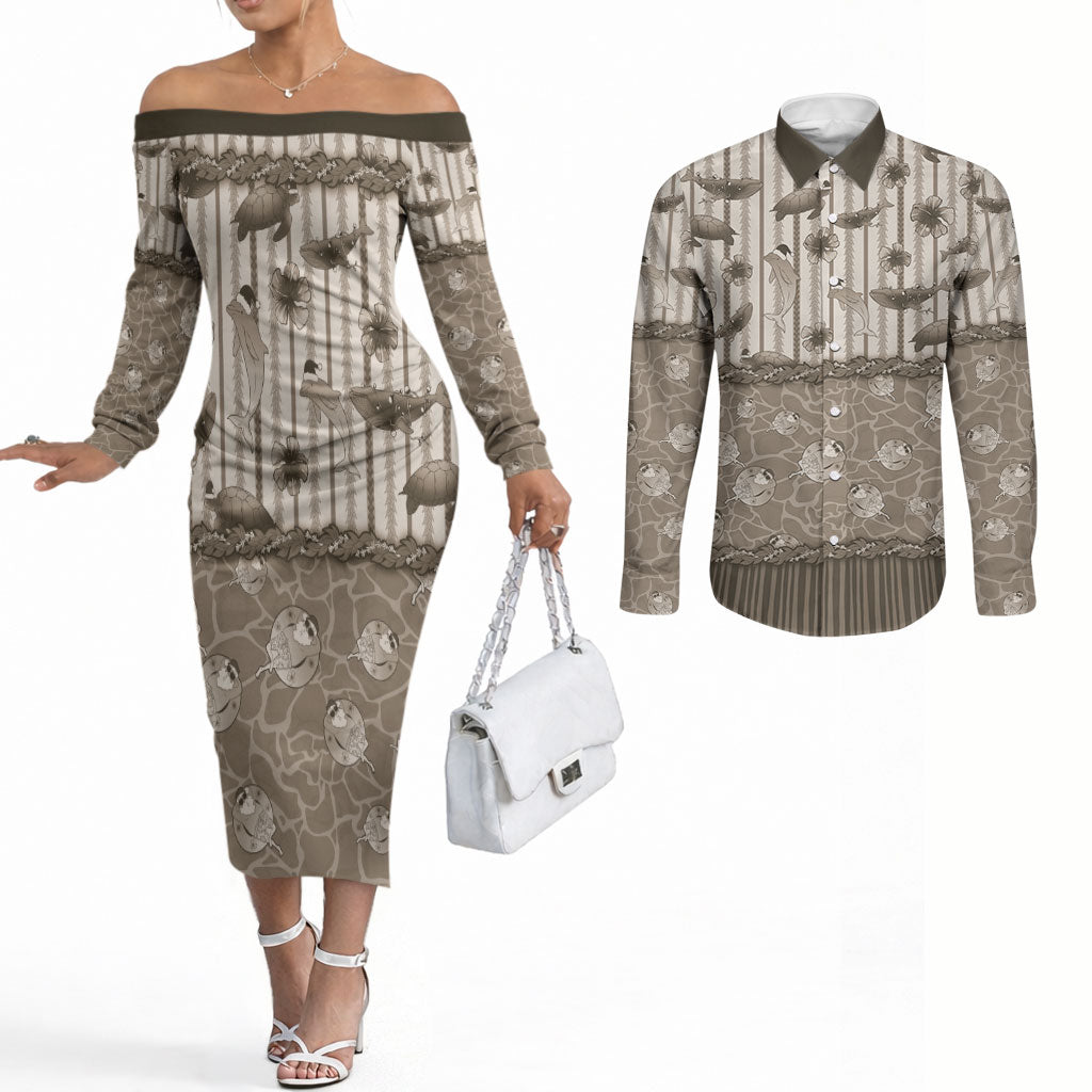 Hawaii Christmas In July Couples Matching Off The Shoulder Long Sleeve Dress and Long Sleeve Button Shirt Beige Mele Kalikimaka Sea Animals DT05 Beige - Polynesian Pride