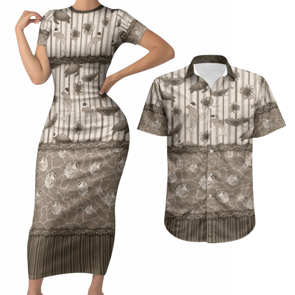 Hawaii Christmas In July Couples Matching Short Sleeve Bodycon Dress and Hawaiian Shirt Beige Mele Kalikimaka Sea Animals DT05 Beige - Polynesian Pride