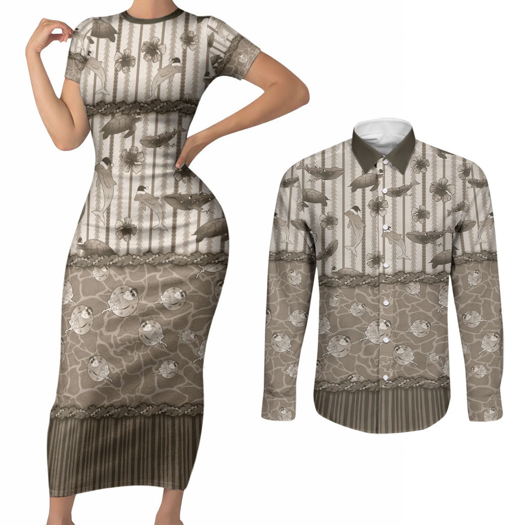 Hawaii Christmas In July Couples Matching Short Sleeve Bodycon Dress and Long Sleeve Button Shirt Beige Mele Kalikimaka Sea Animals DT05 Beige - Polynesian Pride