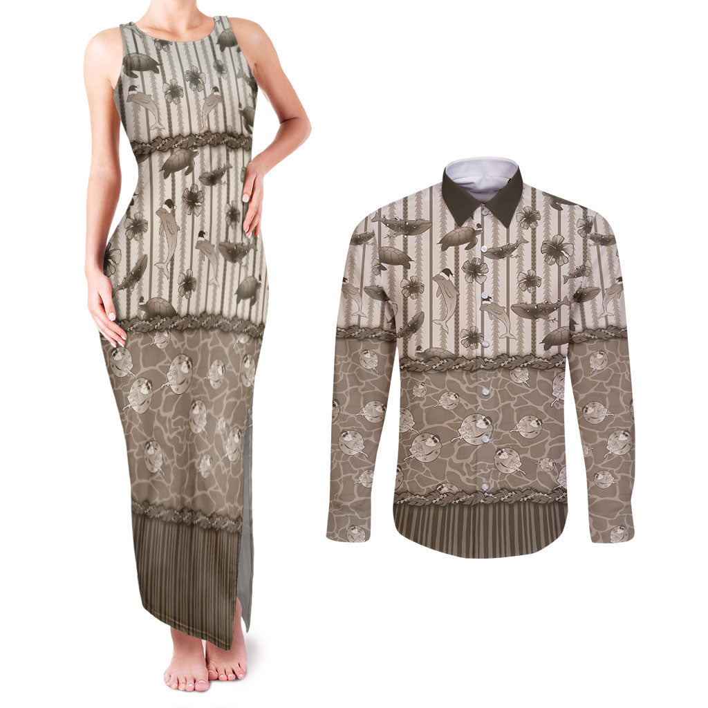 Hawaii Christmas In July Couples Matching Tank Maxi Dress and Long Sleeve Button Shirt Beige Mele Kalikimaka Sea Animals