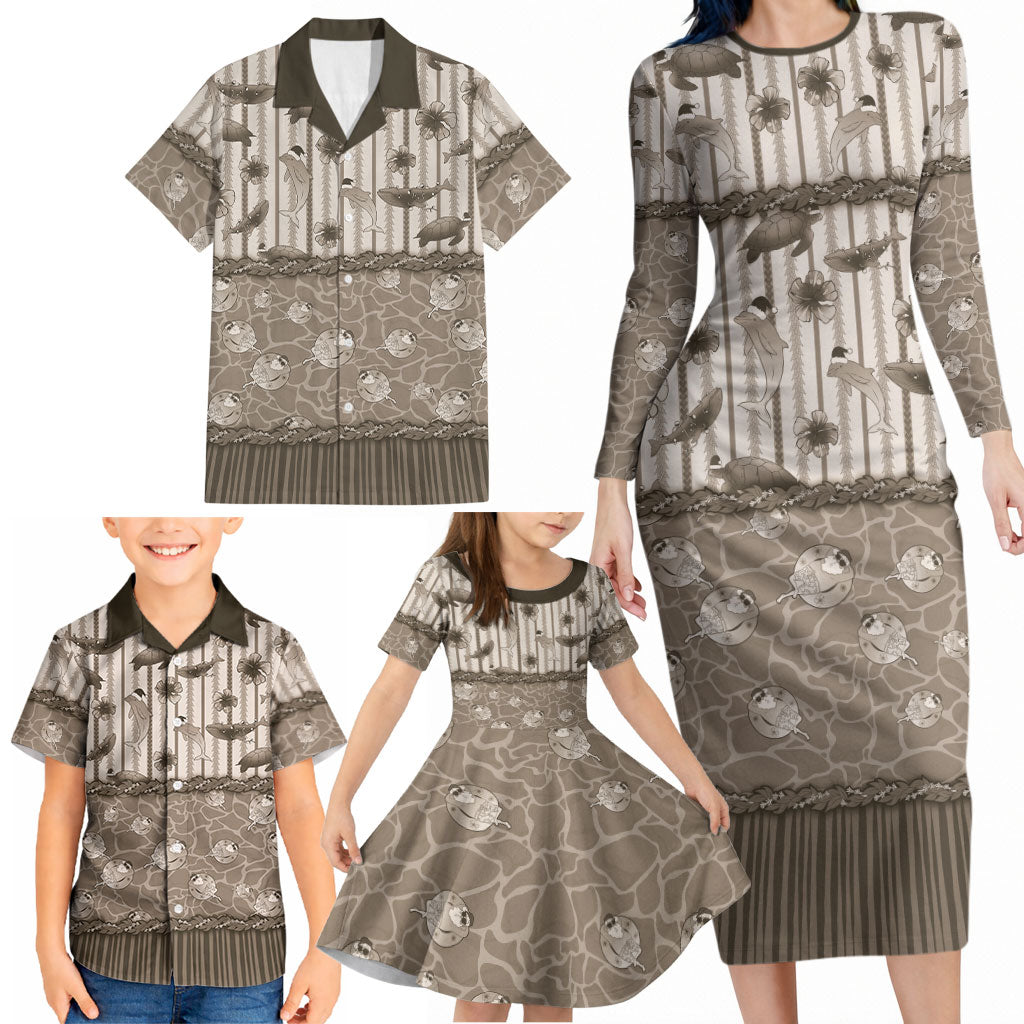 Hawaii Christmas In July Family Matching Long Sleeve Bodycon Dress and Hawaiian Shirt Beige Mele Kalikimaka Sea Animals DT05 - Polynesian Pride