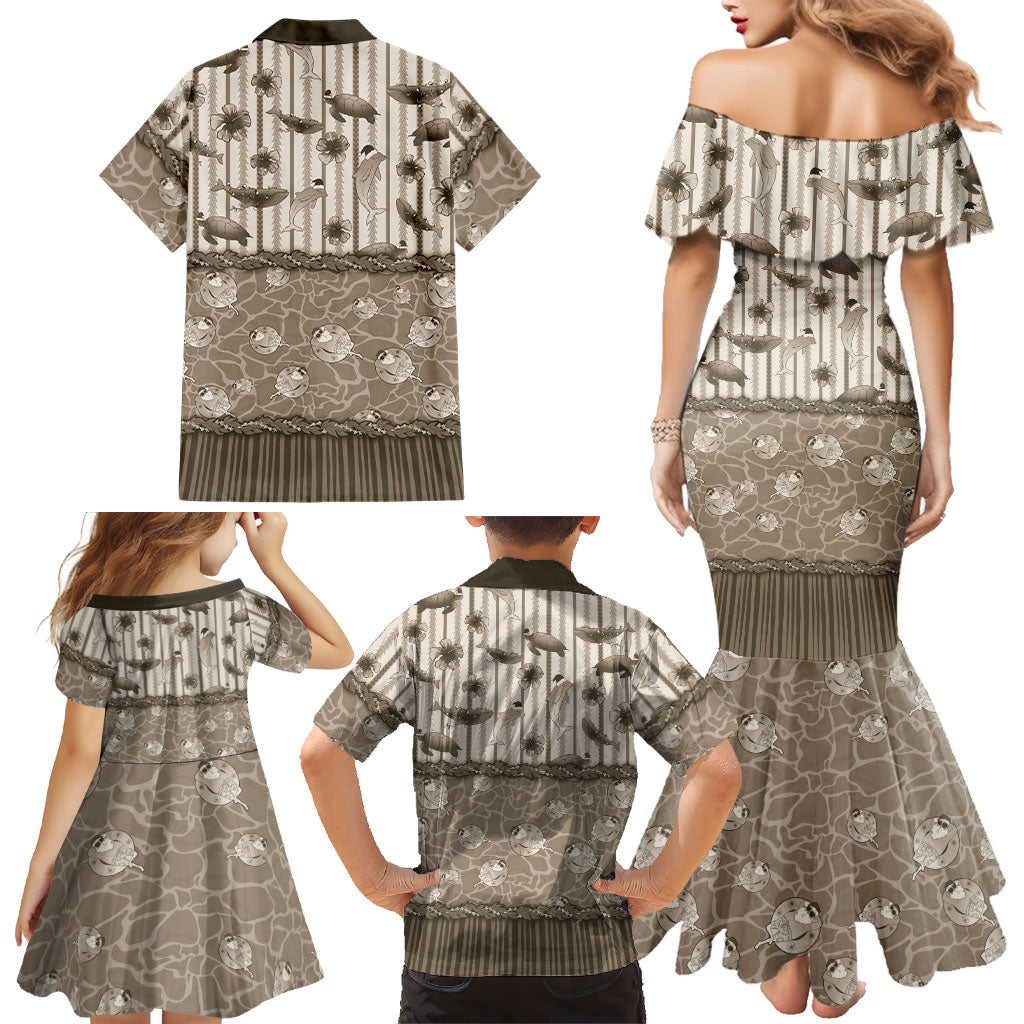 Hawaii Christmas In July Family Matching Mermaid Dress and Hawaiian Shirt Beige Mele Kalikimaka Sea Animals